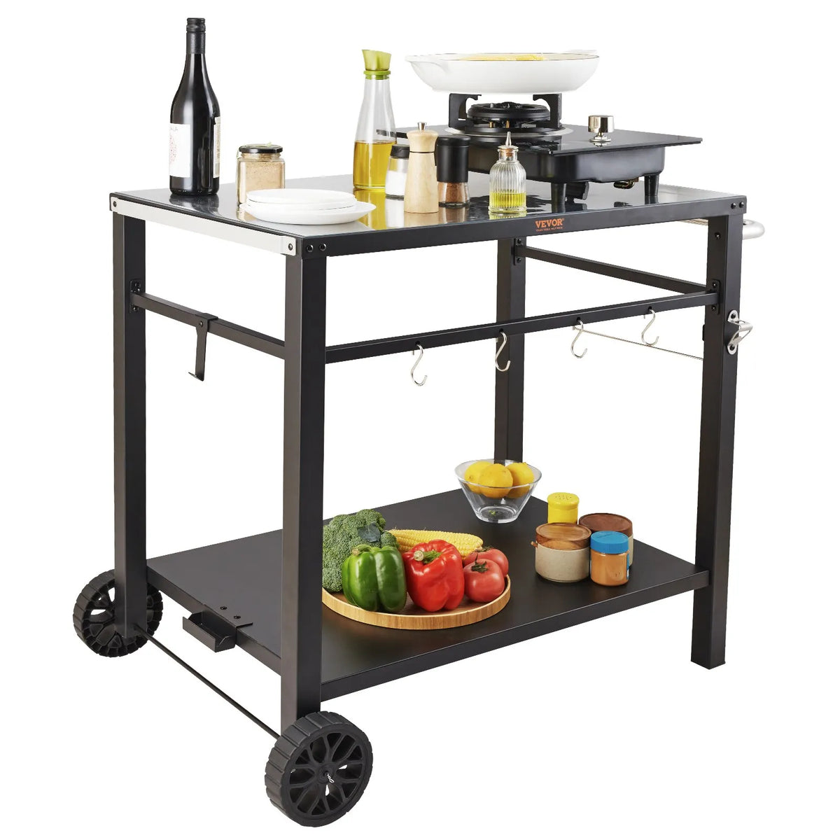 VEVOR Portable Outdoor Grill and Dining Table with Two Shelves, BBQ Food Preparation Table with Multifunctional Metal Work Surface, Portable Modular Table for Pizza Oven, Work Table with 2 Wheels and Carrying Handle, Black
