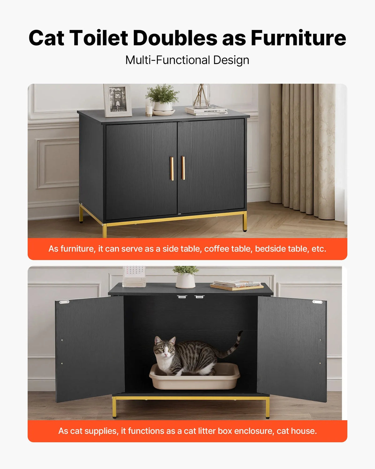 VEVOR Cat Litter Box Cabinet, 70 cm, with Metal Legs and Handle