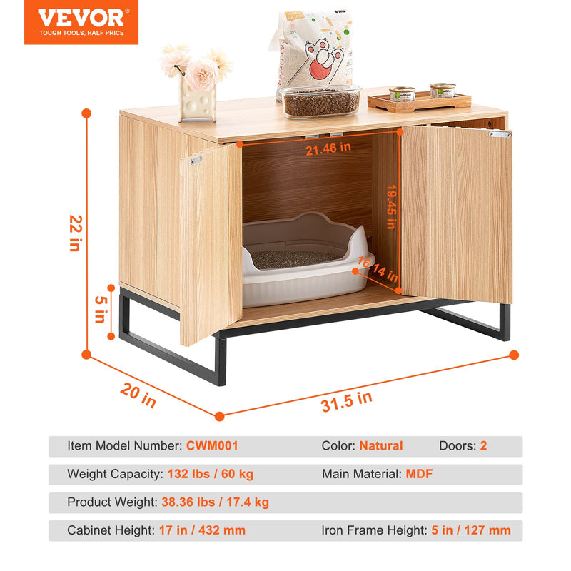 VEVOR slēptā kaķu tualetes kaste mēbelē ar 2 durvīm, 80 × 51 × 56 cm, dabīga koka krāsā