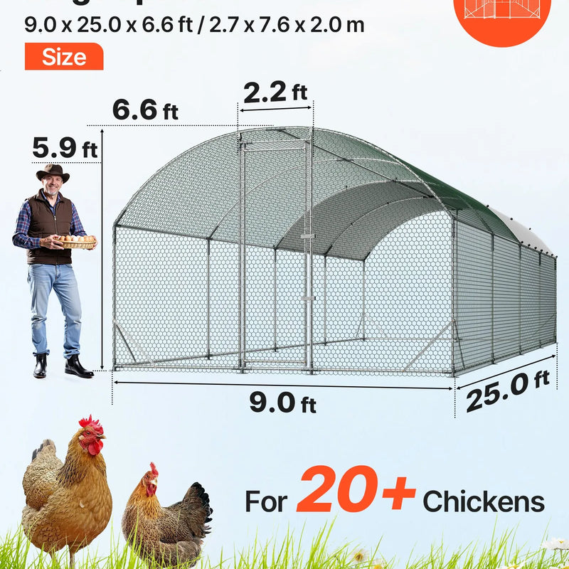 VEVOR liels metāla vistu voljērs 2,7 × 7,6 × 2 m ar ieejamu konstrukciju, kupolveida jumtu un ūdensizturīgu pārsegu, izturīgs mājputnu voljērs vistām, pīlēm, zosīm un trušiem dārzam vai saimniecībai - ZEMLETES.LV