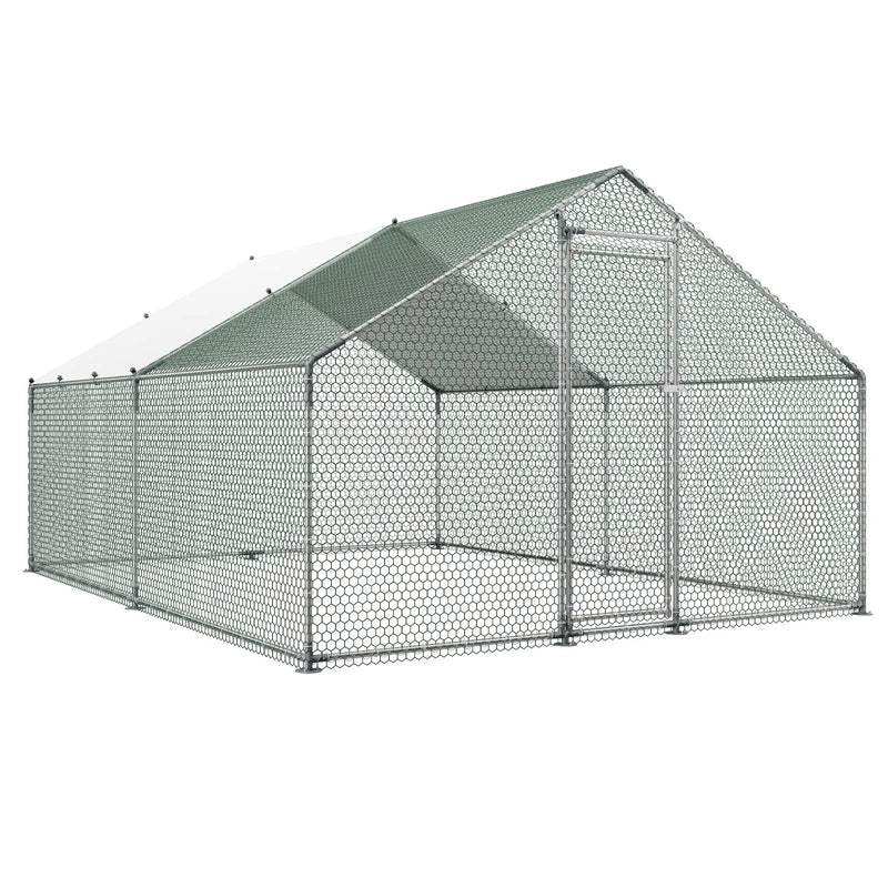 VEVOR metāla vistas kūts 3 × 4 × 2 m ieejama pastaigu zona ar pārsegu, smailā jumta mājputnu iežogojums ar drošības slēdzi — piemērots vistām, pīlēm, trušiem un citiem mājdzīvniekiem pagalmam un saimniecībai