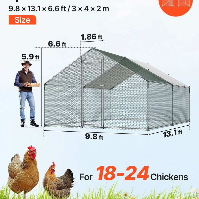 VEVOR metāla vistas kūts 3 × 4 × 2 m ieejama pastaigu zona ar pārsegu, smailā jumta mājputnu iežogojums ar drošības slēdzi — piemērots vistām, pīlēm, trušiem un citiem mājdzīvniekiem pagalmam un saimniecībai