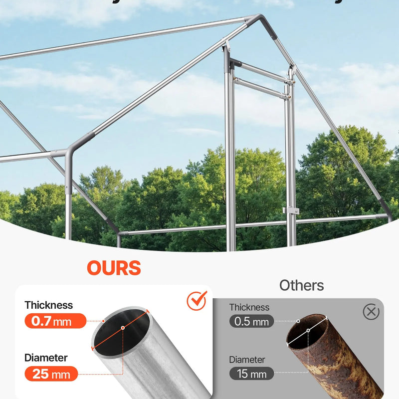 VEVOR metāla vistas kūts 3 × 4 × 2 m ieejama pastaigu zona ar pārsegu, smailā jumta mājputnu iežogojums ar drošības slēdzi — piemērots vistām, pīlēm, trušiem un citiem mājdzīvniekiem pagalmam un saimniecībai