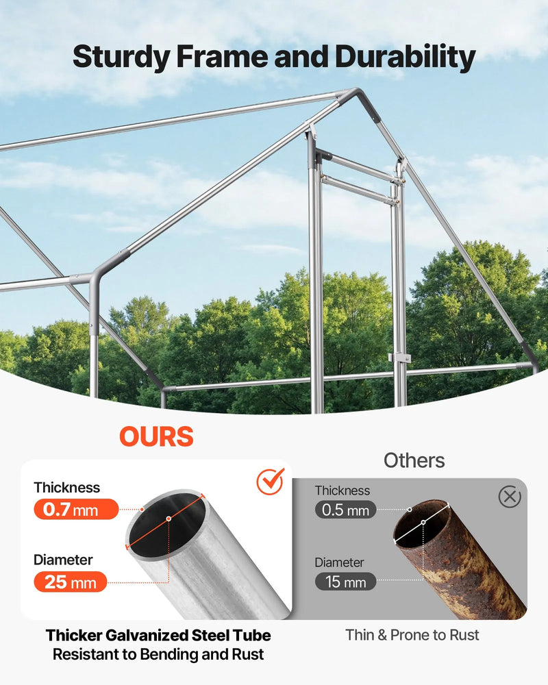 VEVOR metāla vistas kūts 3 × 4 × 2 m ieejama pastaigu zona ar pārsegu, smailā jumta mājputnu iežogojums ar drošības slēdzi — piemērots vistām, pīlēm, trušiem un citiem mājdzīvniekiem pagalmam un saimniecībai