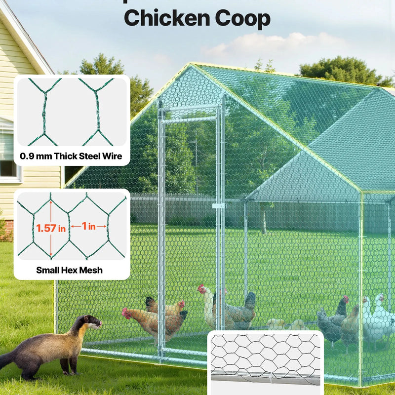 VEVOR metāla vistas kūts 3 × 4 × 2 m ieejama pastaigu zona ar pārsegu, smailā jumta mājputnu iežogojums ar drošības slēdzi — piemērots vistām, pīlēm, trušiem un citiem mājdzīvniekiem pagalmam un saimniecībai