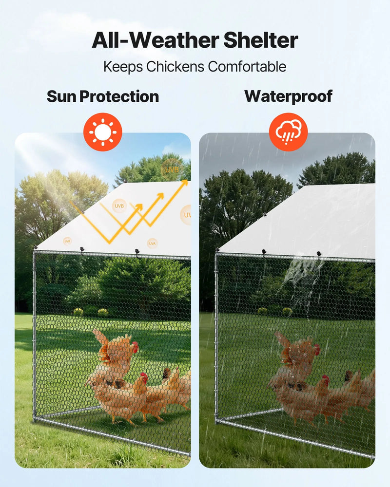 VEVOR metāla vistas kūts 3 × 4 × 2 m ieejama pastaigu zona ar pārsegu, smailā jumta mājputnu iežogojums ar drošības slēdzi — piemērots vistām, pīlēm, trušiem un citiem mājdzīvniekiem pagalmam un saimniecībai