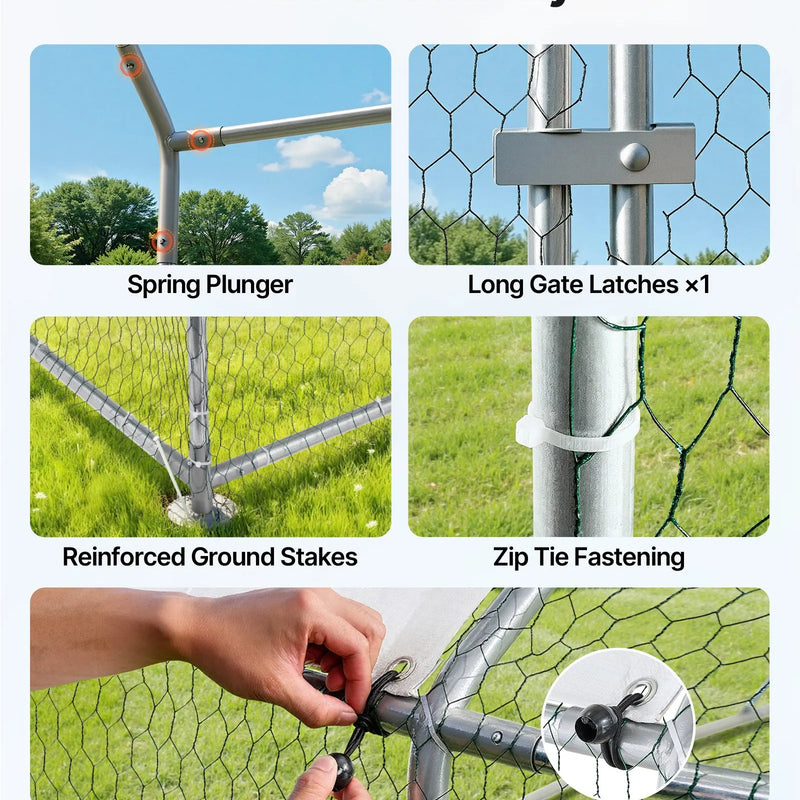 VEVOR metāla vistas kūts 3 × 4 × 2 m ieejama pastaigu zona ar pārsegu, smailā jumta mājputnu iežogojums ar drošības slēdzi — piemērots vistām, pīlēm, trušiem un citiem mājdzīvniekiem pagalmam un saimniecībai