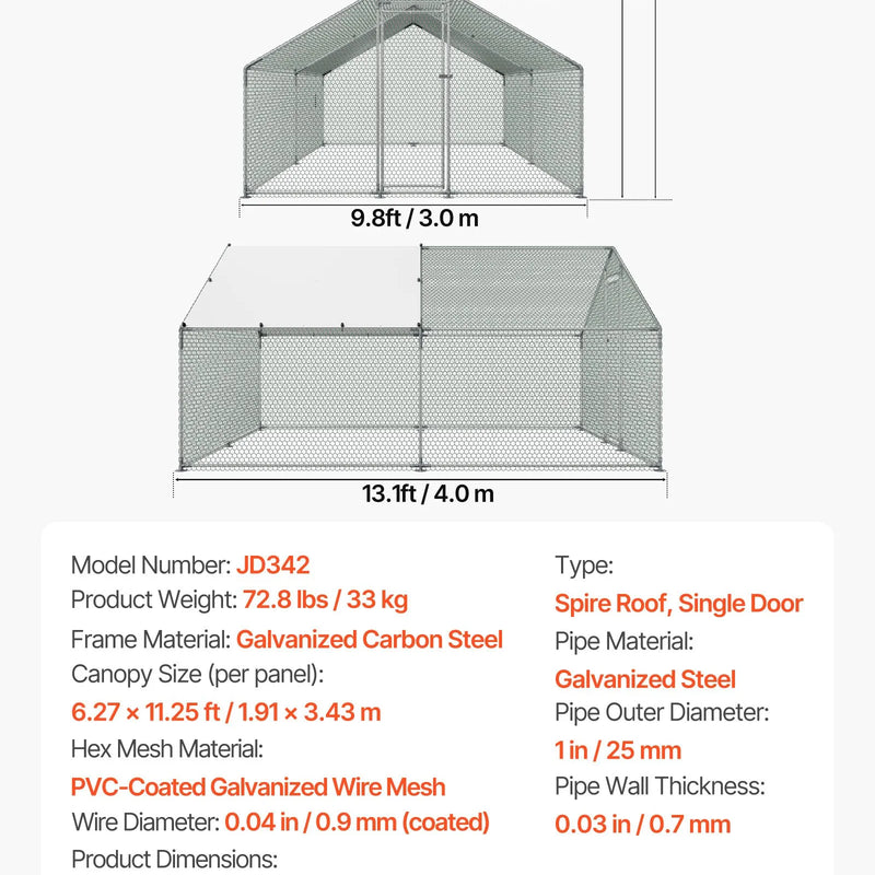 VEVOR metāla vistas kūts 3 × 4 × 2 m ieejama pastaigu zona ar pārsegu, smailā jumta mājputnu iežogojums ar drošības slēdzi — piemērots vistām, pīlēm, trušiem un citiem mājdzīvniekiem pagalmam un saimniecībai