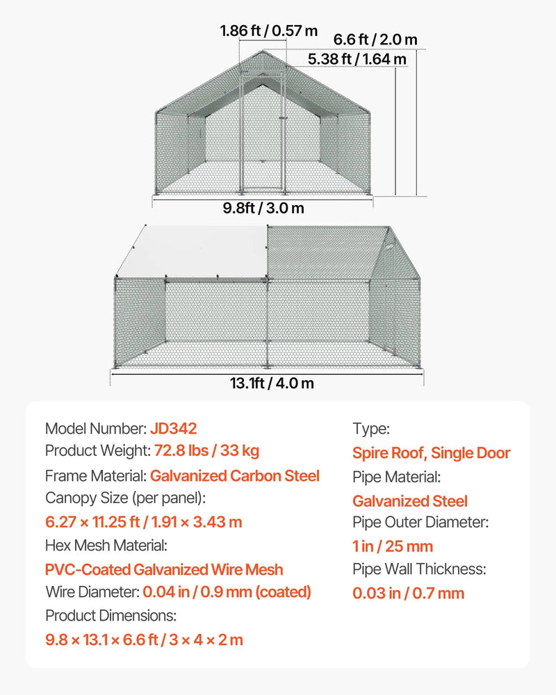 VEVOR metāla vistas kūts 3 × 4 × 2 m ieejama pastaigu zona ar pārsegu, smailā jumta mājputnu iežogojums ar drošības slēdzi — piemērots vistām, pīlēm, trušiem un citiem mājdzīvniekiem pagalmam un saimniecībai