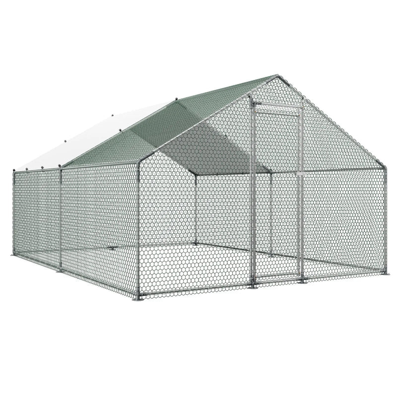 VEVOR metāla vistu voljērs 3 × 4 × 2 m, ieejams mājputnu aploks ar ūdensizturīgu jumta pārsegu, smailu jumtu un slēdzamām durvīm, vistām, pīlēm, trušiem un citiem mājputniem