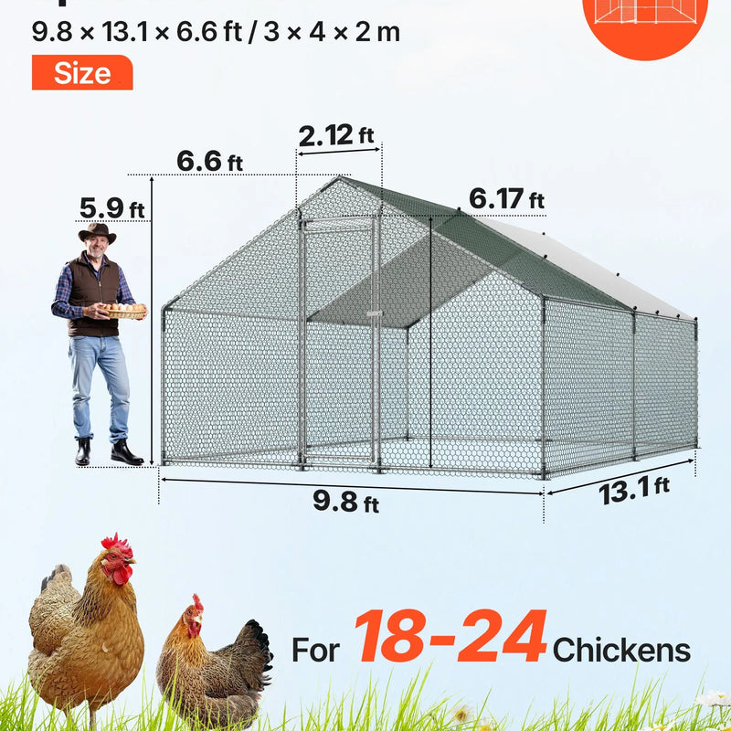 VEVOR metāla vistu voljērs 3 × 4 × 2 m, ieejams mājputnu aploks ar ūdensizturīgu jumta pārsegu, smailu jumtu un slēdzamām durvīm, vistām, pīlēm, trušiem un citiem mājputniem