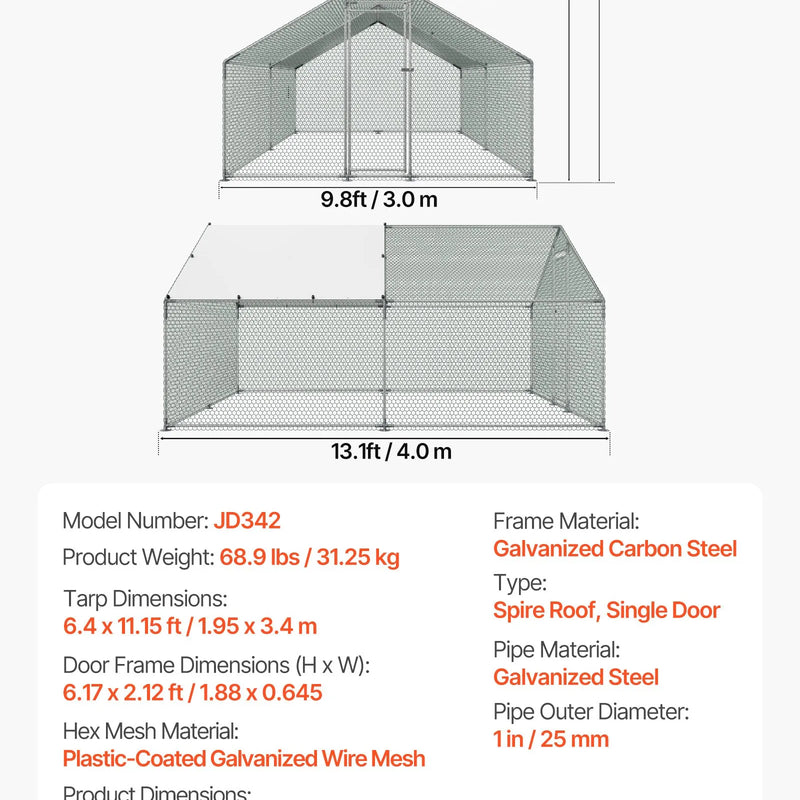 VEVOR metāla vistu voljērs 3 × 4 × 2 m, ieejams mājputnu aploks ar ūdensizturīgu jumta pārsegu, smailu jumtu un slēdzamām durvīm, vistām, pīlēm, trušiem un citiem mājputniem