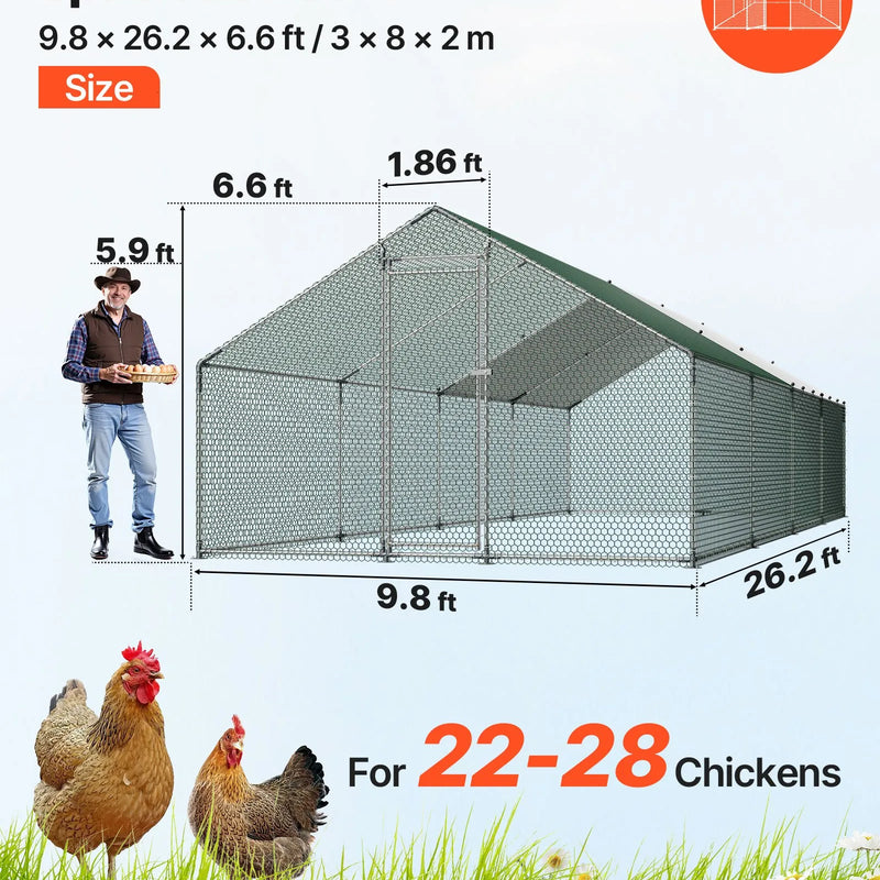 VEVOR metāla vistu aploks, 3 × 8 × 2 m, liels ieejams putnu voljērs ar pārsegu, arkas tipa jumts, drošības slēdzene, āra būris vistām, pīlēm un trušiem pagalmam vai saimniecībai