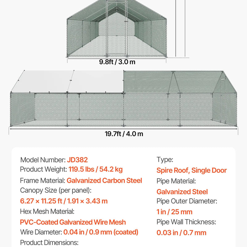 VEVOR metāla vistu aploks, 3 × 8 × 2 m, liels ieejams putnu voljērs ar pārsegu, arkas tipa jumts, drošības slēdzene, āra būris vistām, pīlēm un trušiem pagalmam vai saimniecībai