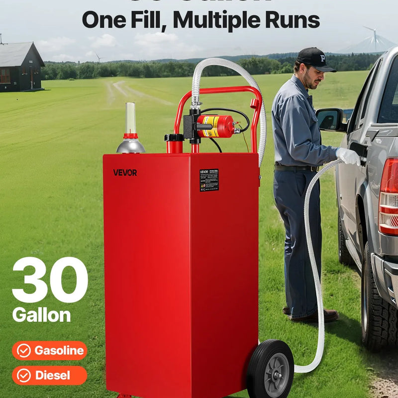 VEVOR pārvietojama degvielas tvertne ar elektrisko sūkni, 114 l, 32 l/min, 2 riteņi, 3 m šļūtene, benzīnam un dīzeļdegvielai