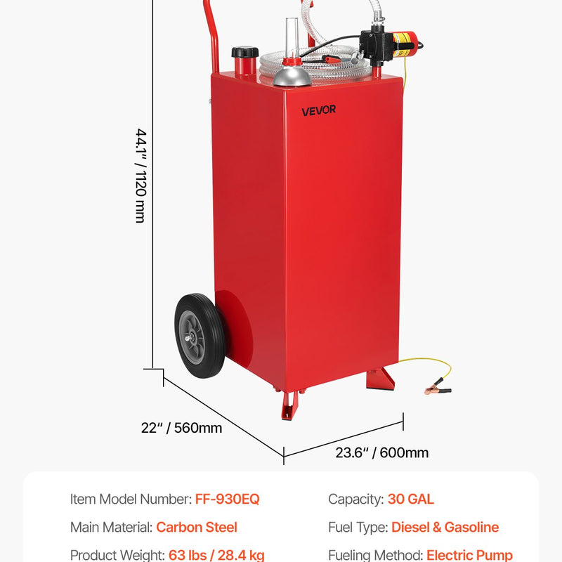 VEVOR pārvietojama degvielas tvertne ar elektrisko sūkni, 114 l, 32 l/min, 2 riteņi, 3 m šļūtene, benzīnam un dīzeļdegvielai