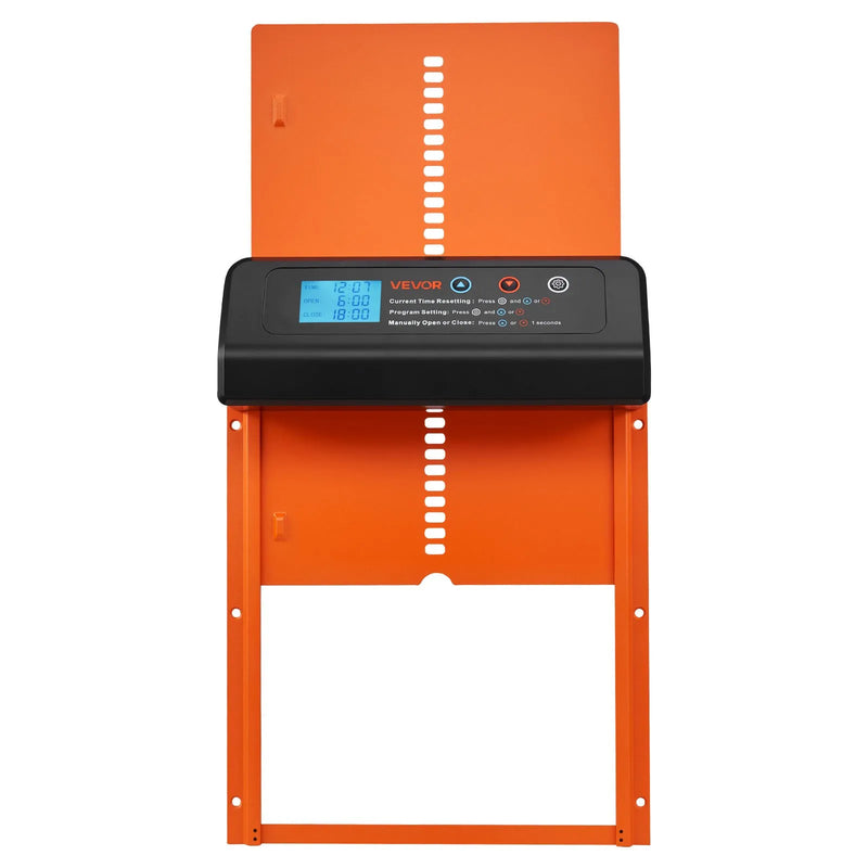 VEVOR automātiskās vistas kūts durvis, akumulatora darbināmas, ar taimeri un manuālo iestatīšanu, pretpiestiprināšanas drošību, izturīgu alumīnija sakausējumu, vistas ieejas vārtu atvērējs ar ūdensizturīgu blīvējumu, oranžas