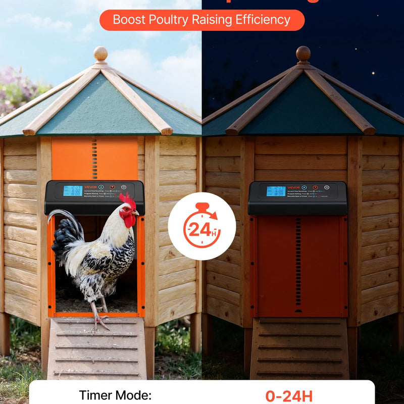 VEVOR automātiskās vistas kūts durvis, akumulatora darbināmas, ar taimeri un manuālo iestatīšanu, pretpiestiprināšanas drošību, izturīgu alumīnija sakausējumu, vistas ieejas vārtu atvērējs ar ūdensizturīgu blīvējumu, oranžas