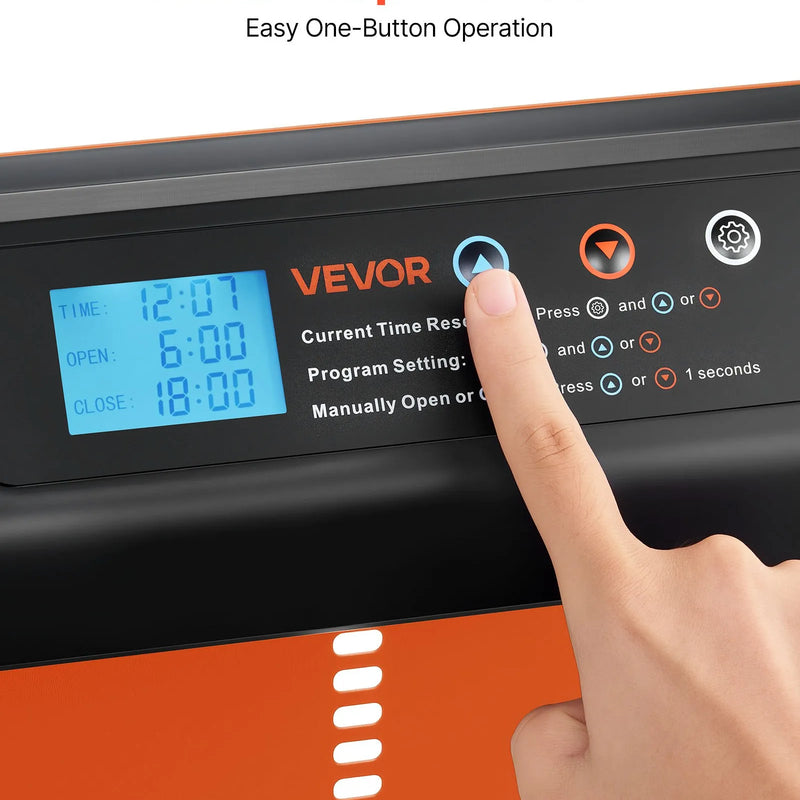 VEVOR automātiskās vistas kūts durvis, akumulatora darbināmas, ar taimeri un manuālo iestatīšanu, pretpiestiprināšanas drošību, izturīgu alumīnija sakausējumu, vistas ieejas vārtu atvērējs ar ūdensizturīgu blīvējumu, oranžas
