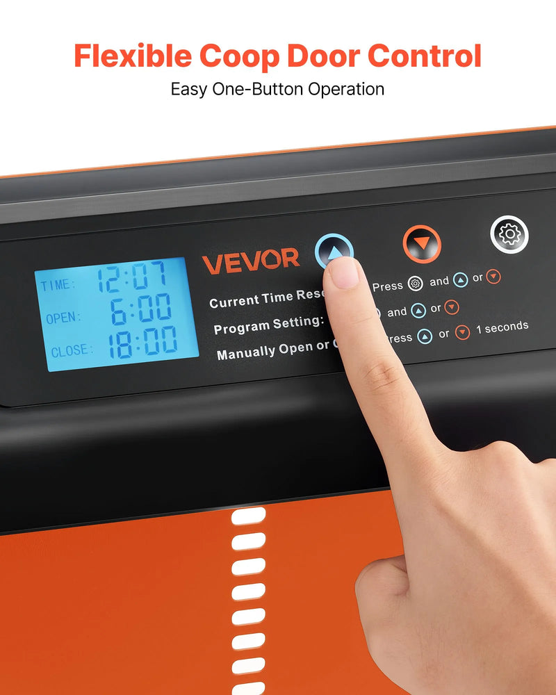 VEVOR automātiskās vistas kūts durvis, akumulatora darbināmas, ar taimeri un manuālo iestatīšanu, pretpiestiprināšanas drošību, izturīgu alumīnija sakausējumu, vistas ieejas vārtu atvērējs ar ūdensizturīgu blīvējumu, oranžas
