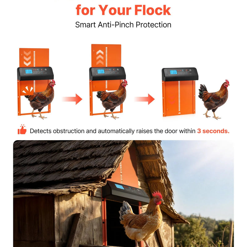 VEVOR automātiskās vistas kūts durvis, akumulatora darbināmas, ar taimeri un manuālo iestatīšanu, pretpiestiprināšanas drošību, izturīgu alumīnija sakausējumu, vistas ieejas vārtu atvērējs ar ūdensizturīgu blīvējumu, oranžas