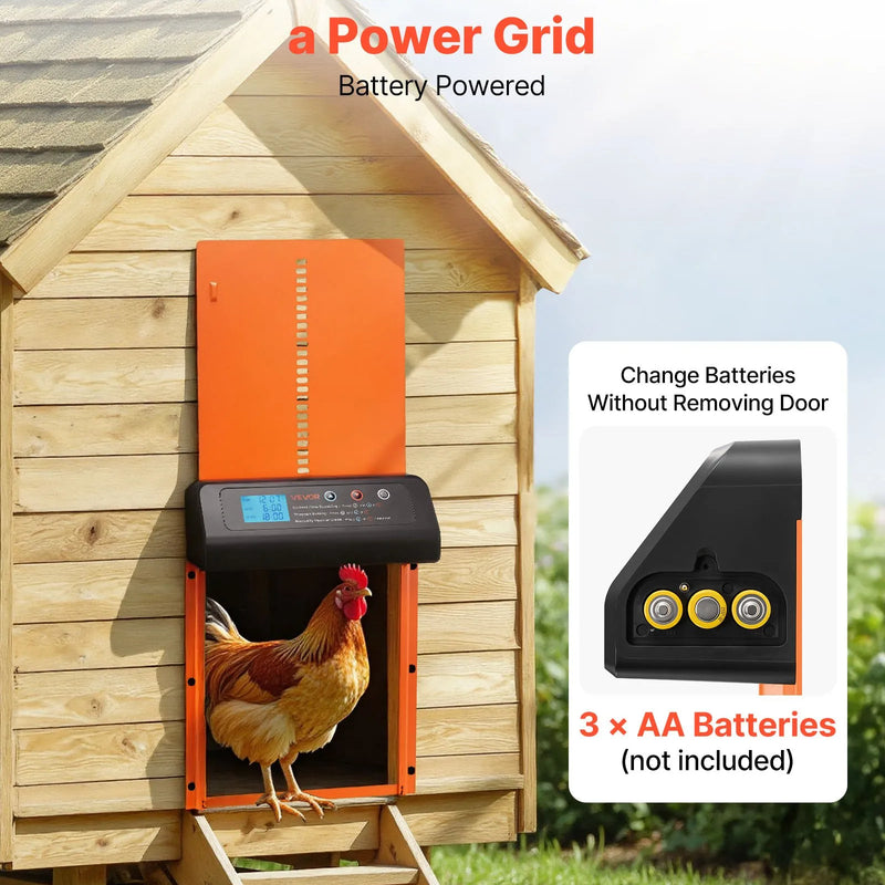 VEVOR automātiskās vistas kūts durvis, akumulatora darbināmas, ar taimeri un manuālo iestatīšanu, pretpiestiprināšanas drošību, izturīgu alumīnija sakausējumu, vistas ieejas vārtu atvērējs ar ūdensizturīgu blīvējumu, oranžas