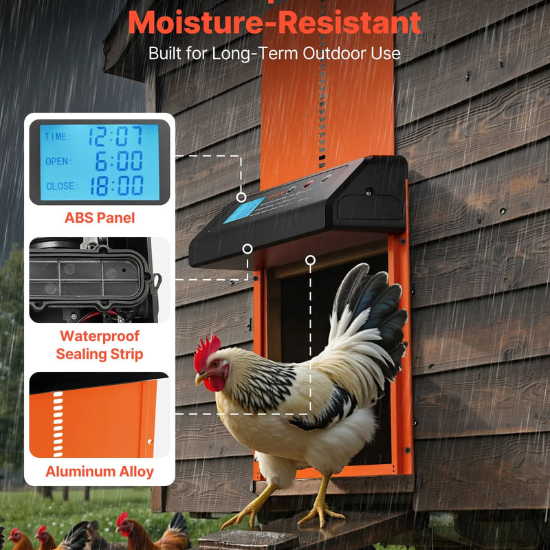 VEVOR automātiskās vistas kūts durvis, akumulatora darbināmas, ar taimeri un manuālo iestatīšanu, pretpiestiprināšanas drošību, izturīgu alumīnija sakausējumu, vistas ieejas vārtu atvērējs ar ūdensizturīgu blīvējumu, oranžas