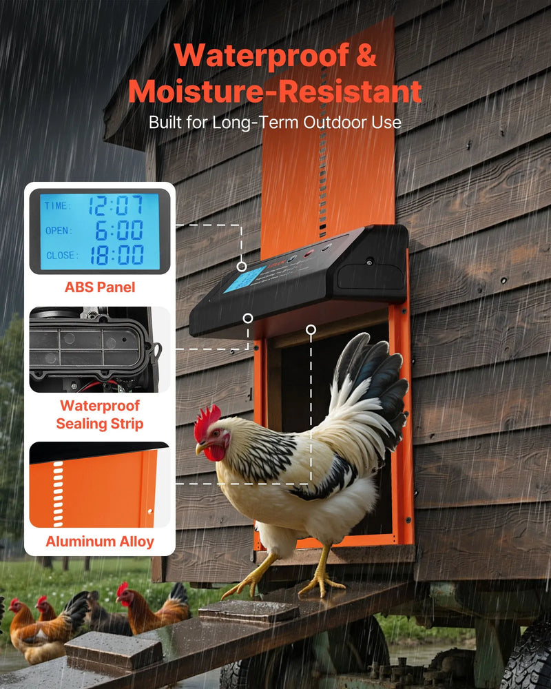 VEVOR automātiskās vistas kūts durvis, akumulatora darbināmas, ar taimeri un manuālo iestatīšanu, pretpiestiprināšanas drošību, izturīgu alumīnija sakausējumu, vistas ieejas vārtu atvērējs ar ūdensizturīgu blīvējumu, oranžas