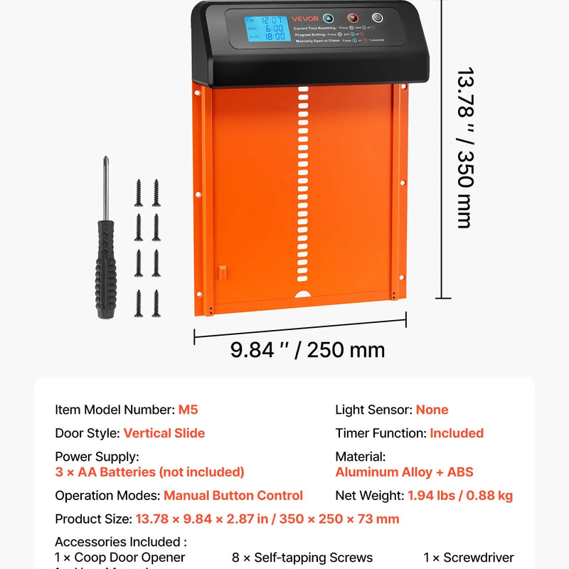 VEVOR automātiskās vistas kūts durvis, akumulatora darbināmas, ar taimeri un manuālo iestatīšanu, pretpiestiprināšanas drošību, izturīgu alumīnija sakausējumu, vistas ieejas vārtu atvērējs ar ūdensizturīgu blīvējumu, oranžas