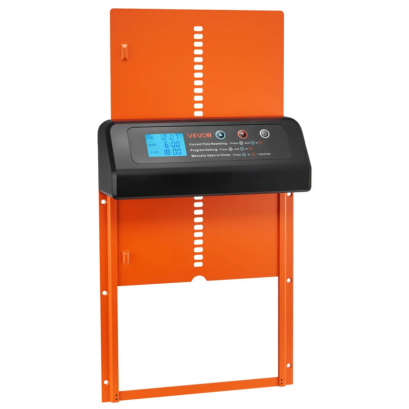 VEVOR automātiskās vistas kūts durvis, akumulatora darbināmas, ar taimeri un manuālo iestatīšanu, pretpiestiprināšanas drošību, izturīgu alumīnija sakausējumu, vistas ieejas vārtu atvērējs ar ūdensizturīgu blīvējumu, oranžas