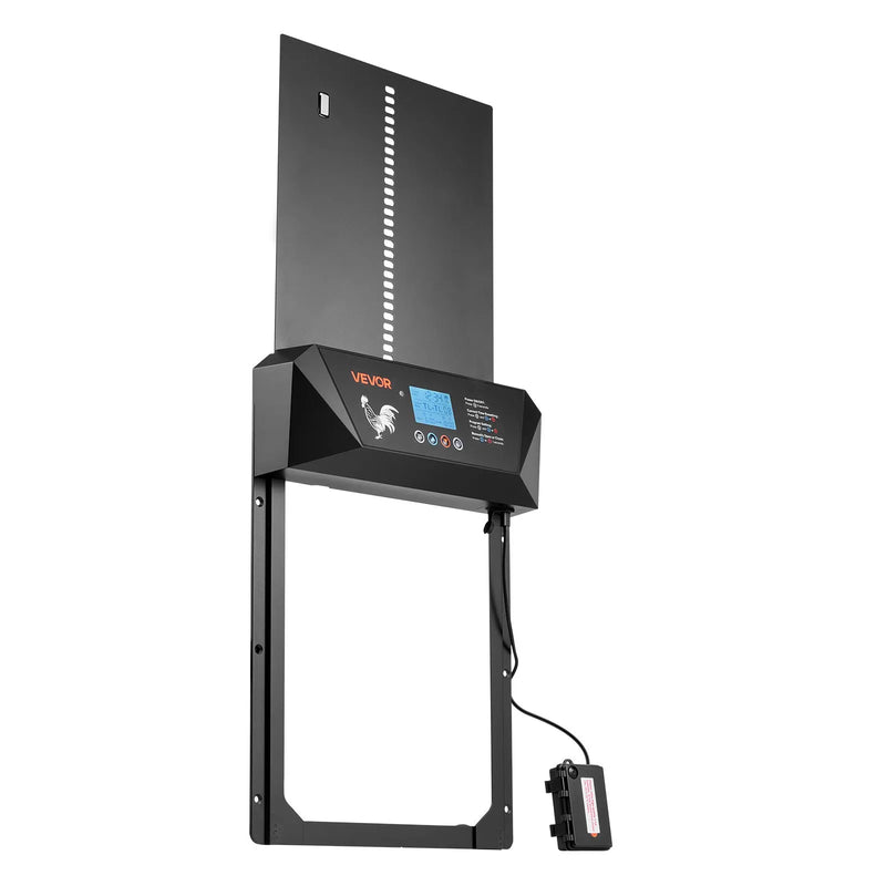 VEVOR automātiskās vistas kūts durvis ar LCD displeju, gaismas sensoru, taimeri un manuālo vadību, līdzstrāvas un bateriju barošanu, pretpiestiprināšanas drošību, izturīgu alumīnija sakausējumu, vistas ieejas vārtu atvērējs saimniecībai