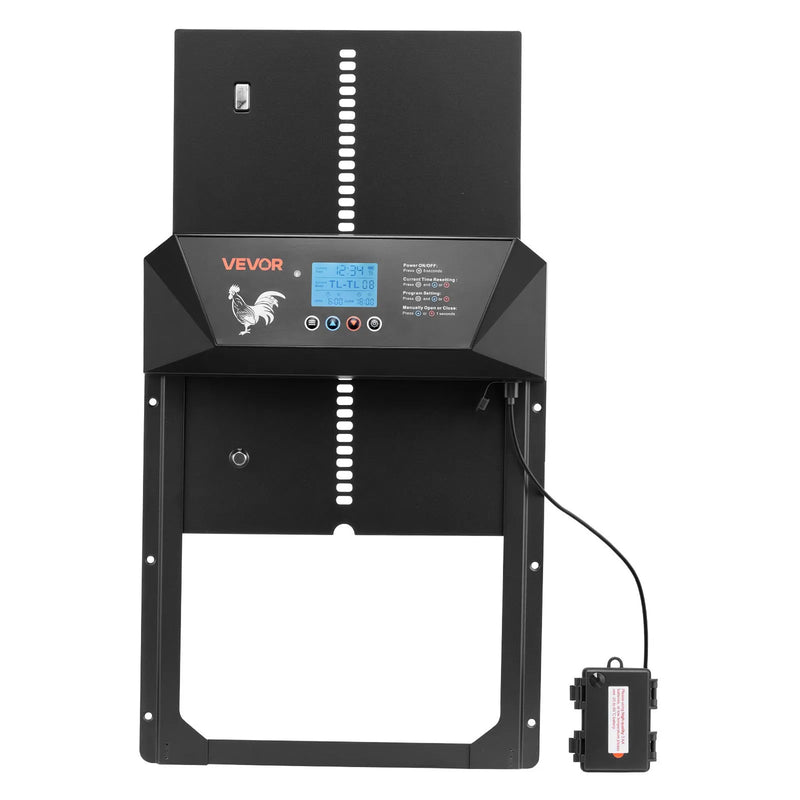 VEVOR automātiskās vistas kūts durvis ar LCD displeju, gaismas sensoru, taimeri un manuālo vadību, līdzstrāvas un bateriju barošanu, pretpiestiprināšanas drošību, izturīgu alumīnija sakausējumu, vistas ieejas vārtu atvērējs saimniecībai