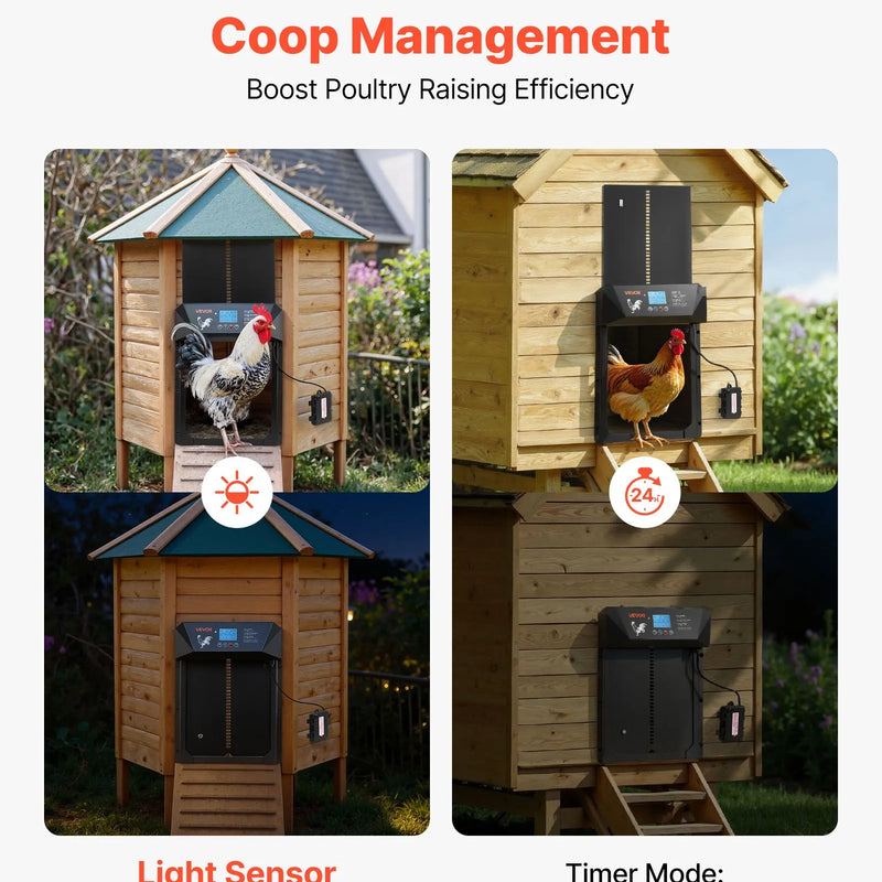 VEVOR automātiskās vistas kūts durvis ar LCD displeju, gaismas sensoru, taimeri un manuālo vadību, līdzstrāvas un bateriju barošanu, pretpiestiprināšanas drošību, izturīgu alumīnija sakausējumu, vistas ieejas vārtu atvērējs saimniecībai