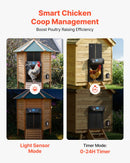 VEVOR automātiskās vistas kūts durvis ar LCD displeju, gaismas sensoru, taimeri un manuālo vadību, līdzstrāvas un bateriju barošanu, pretpiestiprināšanas drošību, izturīgu alumīnija sakausējumu, vistas ieejas vārtu atvērējs saimniecībai