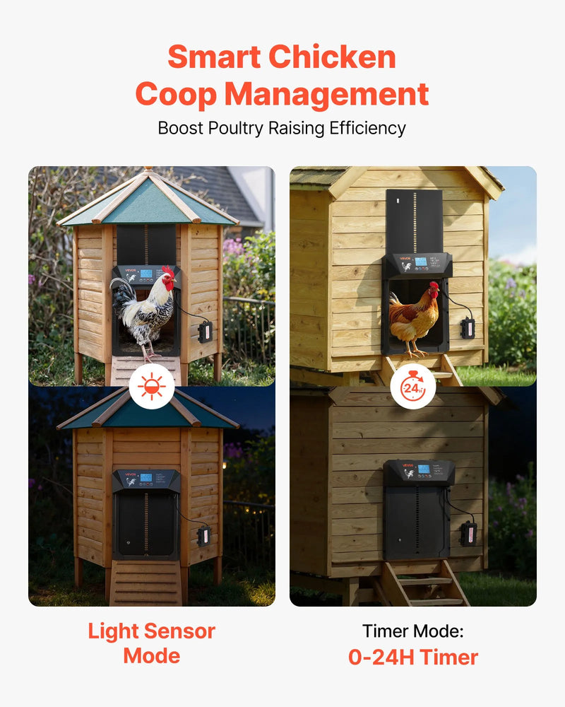 VEVOR automātiskās vistas kūts durvis ar LCD displeju, gaismas sensoru, taimeri un manuālo vadību, līdzstrāvas un bateriju barošanu, pretpiestiprināšanas drošību, izturīgu alumīnija sakausējumu, vistas ieejas vārtu atvērējs saimniecībai