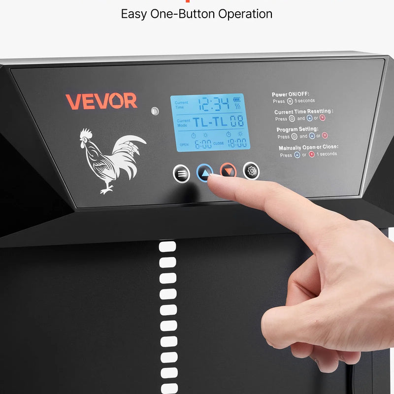 VEVOR automātiskās vistas kūts durvis ar LCD displeju, gaismas sensoru, taimeri un manuālo vadību, līdzstrāvas un bateriju barošanu, pretpiestiprināšanas drošību, izturīgu alumīnija sakausējumu, vistas ieejas vārtu atvērējs saimniecībai