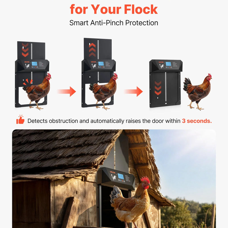 VEVOR automātiskās vistas kūts durvis ar LCD displeju, gaismas sensoru, taimeri un manuālo vadību, līdzstrāvas un bateriju barošanu, pretpiestiprināšanas drošību, izturīgu alumīnija sakausējumu, vistas ieejas vārtu atvērējs saimniecībai