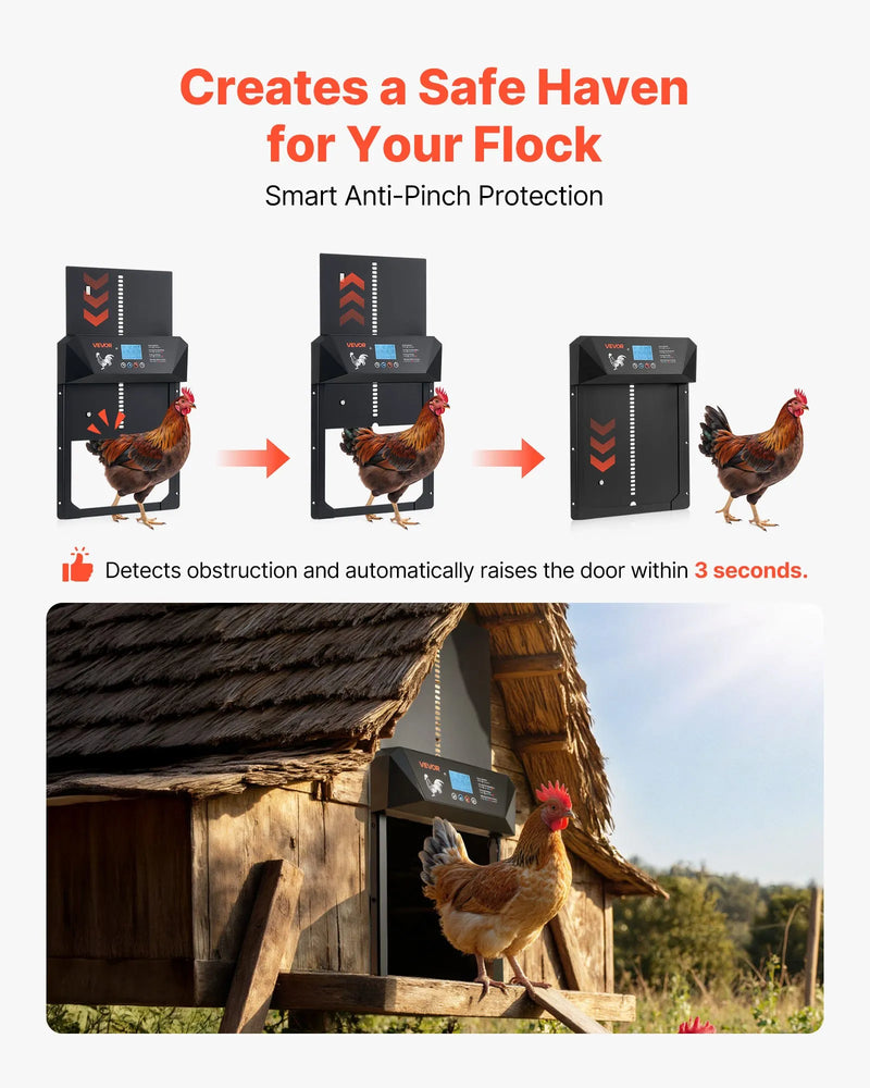 VEVOR automātiskās vistas kūts durvis ar LCD displeju, gaismas sensoru, taimeri un manuālo vadību, līdzstrāvas un bateriju barošanu, pretpiestiprināšanas drošību, izturīgu alumīnija sakausējumu, vistas ieejas vārtu atvērējs saimniecībai