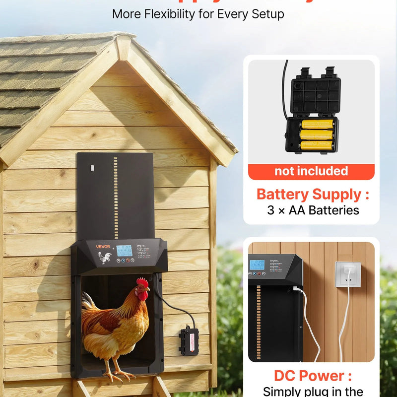 VEVOR automātiskās vistas kūts durvis ar LCD displeju, gaismas sensoru, taimeri un manuālo vadību, līdzstrāvas un bateriju barošanu, pretpiestiprināšanas drošību, izturīgu alumīnija sakausējumu, vistas ieejas vārtu atvērējs saimniecībai