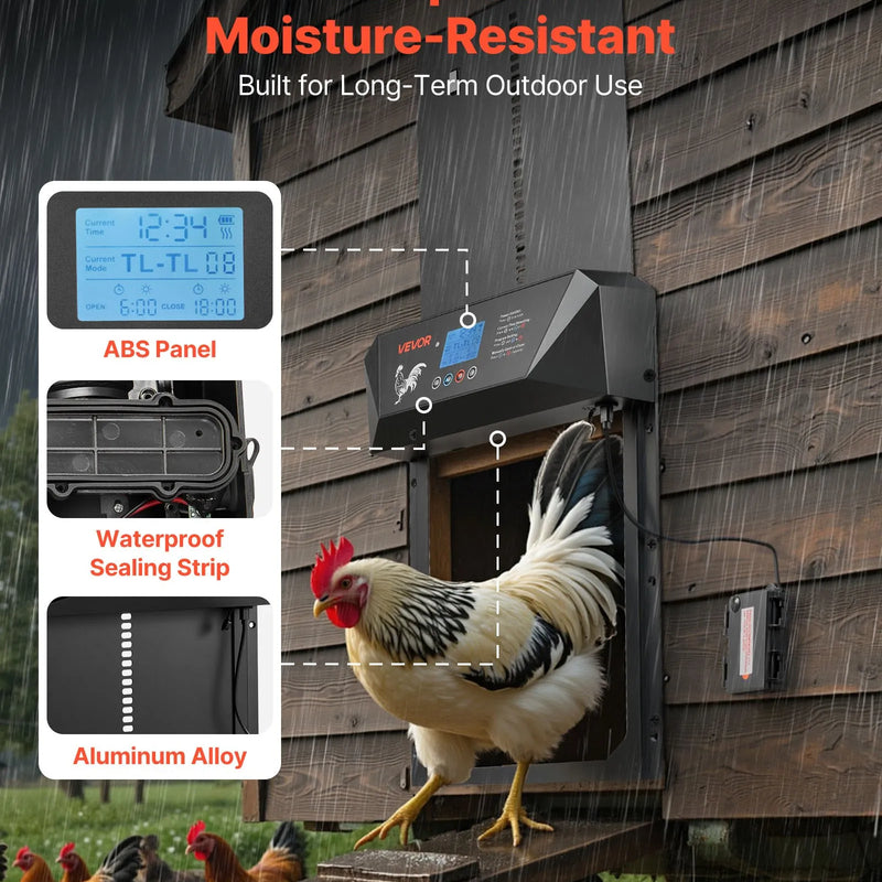 VEVOR automātiskās vistas kūts durvis ar LCD displeju, gaismas sensoru, taimeri un manuālo vadību, līdzstrāvas un bateriju barošanu, pretpiestiprināšanas drošību, izturīgu alumīnija sakausējumu, vistas ieejas vārtu atvērējs saimniecībai