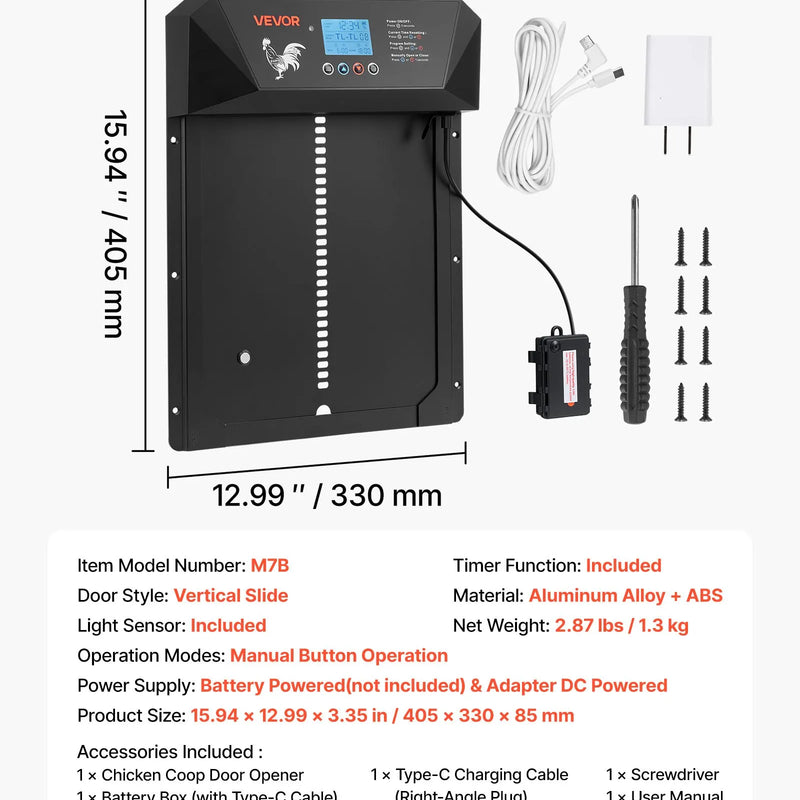 VEVOR automātiskās vistas kūts durvis ar LCD displeju, gaismas sensoru, taimeri un manuālo vadību, līdzstrāvas un bateriju barošanu, pretpiestiprināšanas drošību, izturīgu alumīnija sakausējumu, vistas ieejas vārtu atvērējs saimniecībai