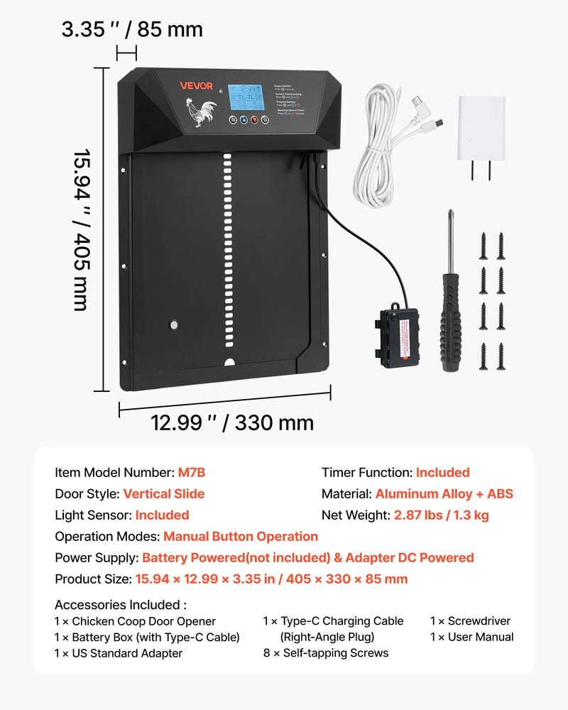 VEVOR automātiskās vistas kūts durvis ar LCD displeju, gaismas sensoru, taimeri un manuālo vadību, līdzstrāvas un bateriju barošanu, pretpiestiprināšanas drošību, izturīgu alumīnija sakausējumu, vistas ieejas vārtu atvērējs saimniecībai