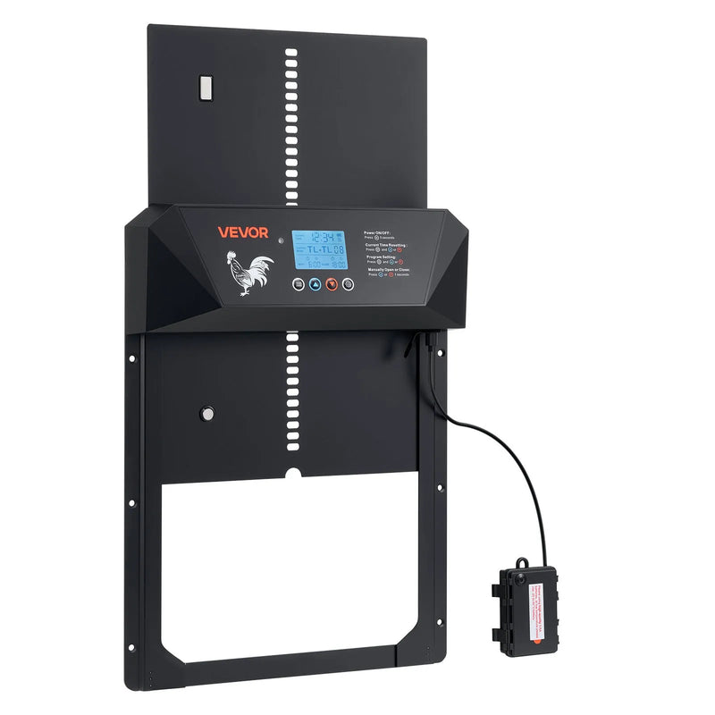 VEVOR automātiskās vistas kūts durvis ar LCD displeju, gaismas sensoru, taimeri un manuālo vadību, līdzstrāvas un bateriju barošanu, pretpiestiprināšanas drošību, izturīgu alumīnija sakausējumu, vistas ieejas vārtu atvērējs saimniecībai