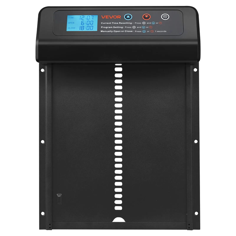 VEVOR automātiskās vistas kūts durvis, akumulatora darbināmas, ar taimeri un manuālo vadību, pretpiestiprināšanas drošība, izturīgs alumīnija sakausējums, automātiska vista ieejas vārti, ūdensizturīgs blīvējums, melnas