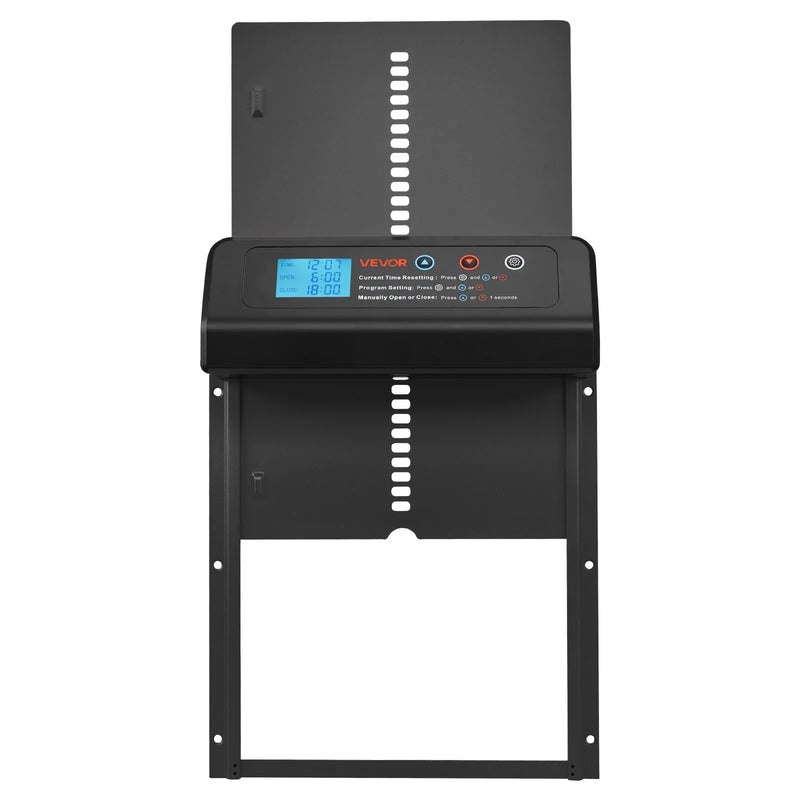 VEVOR automātiskās vistas kūts durvis, akumulatora darbināmas, ar taimeri un manuālo vadību, pretpiestiprināšanas drošība, izturīgs alumīnija sakausējums, automātiska vista ieejas vārti, ūdensizturīgs blīvējums, melnas