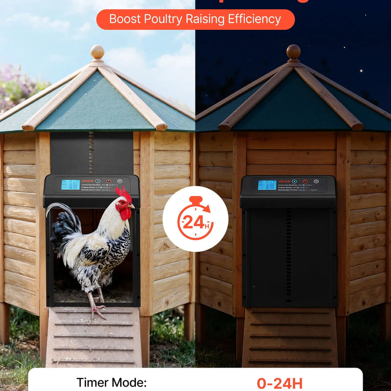 VEVOR automātiskās vistas kūts durvis, akumulatora darbināmas, ar taimeri un manuālo vadību, pretpiestiprināšanas drošība, izturīgs alumīnija sakausējums, automātiska vista ieejas vārti, ūdensizturīgs blīvējums, melnas