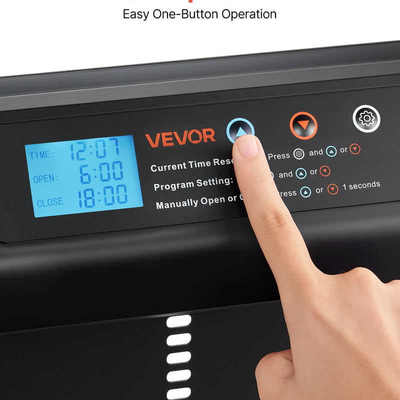 VEVOR automātiskās vistas kūts durvis, akumulatora darbināmas, ar taimeri un manuālo vadību, pretpiestiprināšanas drošība, izturīgs alumīnija sakausējums, automātiska vista ieejas vārti, ūdensizturīgs blīvējums, melnas