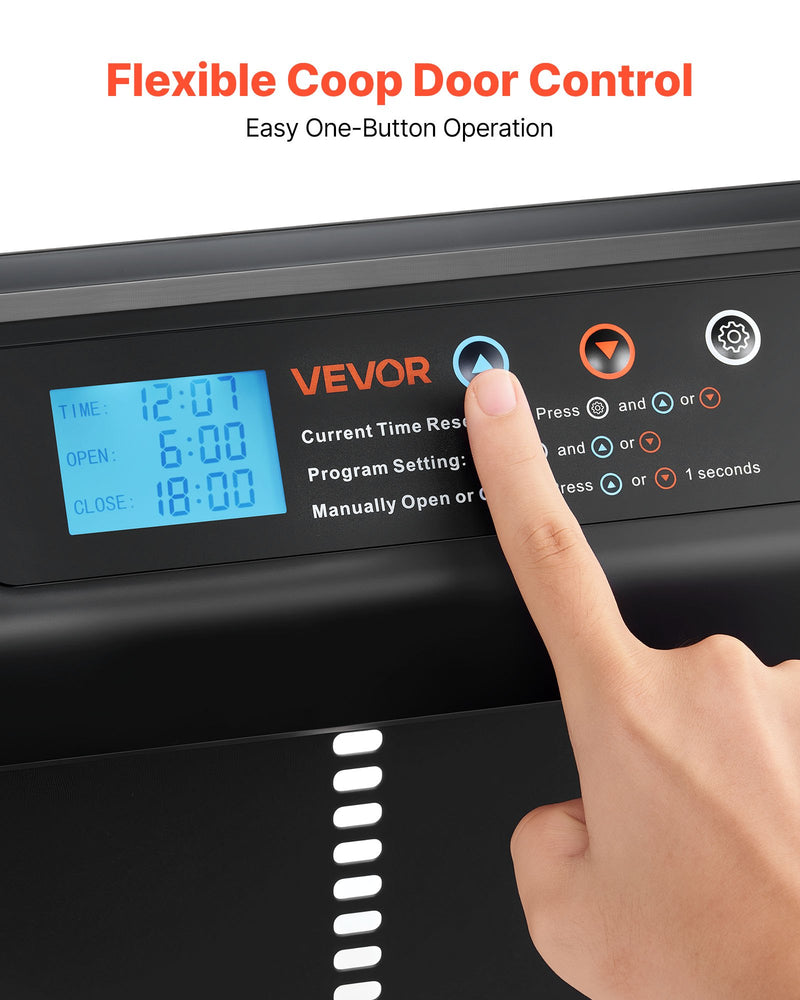 VEVOR automātiskās vistas kūts durvis, akumulatora darbināmas, ar taimeri un manuālo vadību, pretpiestiprināšanas drošība, izturīgs alumīnija sakausējums, automātiska vista ieejas vārti, ūdensizturīgs blīvējums, melnas