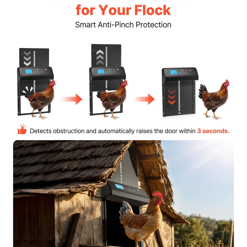 VEVOR automātiskās vistas kūts durvis, akumulatora darbināmas, ar taimeri un manuālo vadību, pretpiestiprināšanas drošība, izturīgs alumīnija sakausējums, automātiska vista ieejas vārti, ūdensizturīgs blīvējums, melnas