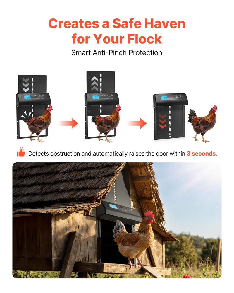 VEVOR automātiskās vistas kūts durvis, akumulatora darbināmas, ar taimeri un manuālo vadību, pretpiestiprināšanas drošība, izturīgs alumīnija sakausējums, automātiska vista ieejas vārti, ūdensizturīgs blīvējums, melnas